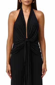 Deep Plunge Neck Tie Front Halter Top