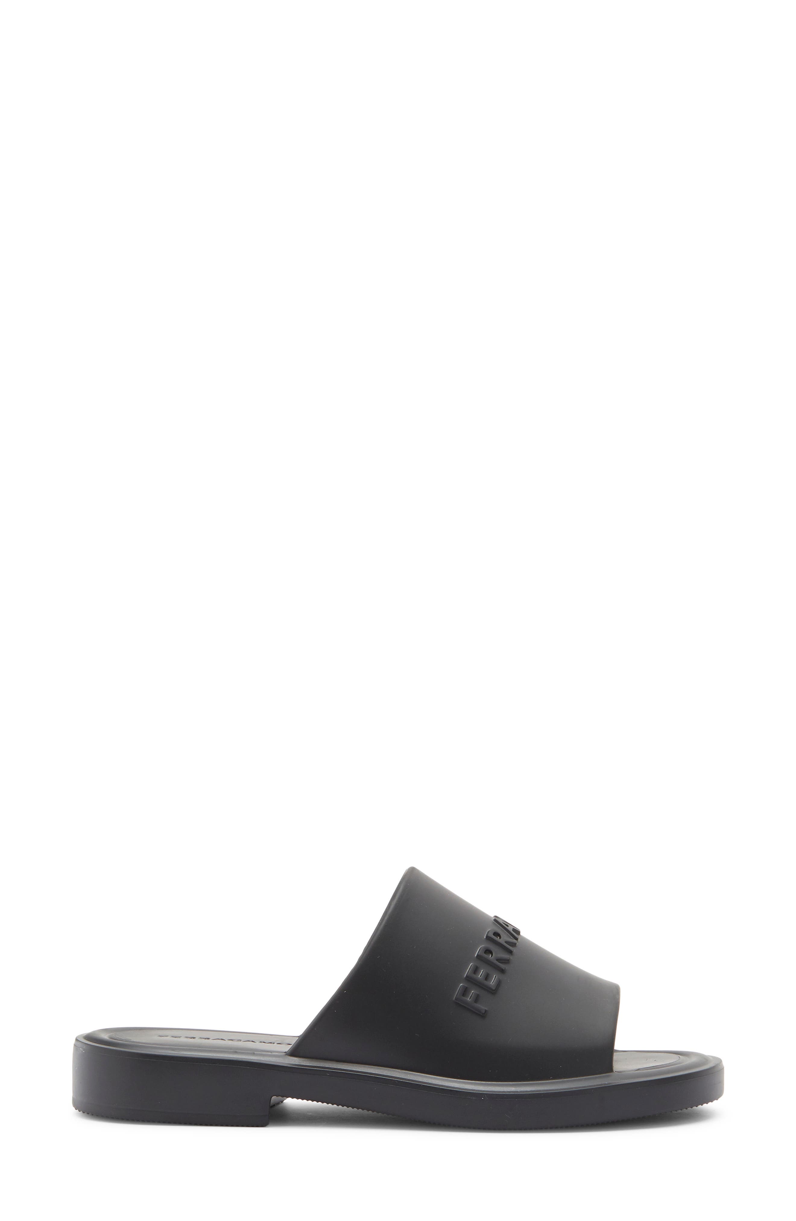 FERRAGAMO Giuneva Logo Embossed Slide Sandal, Alternate, color, Black