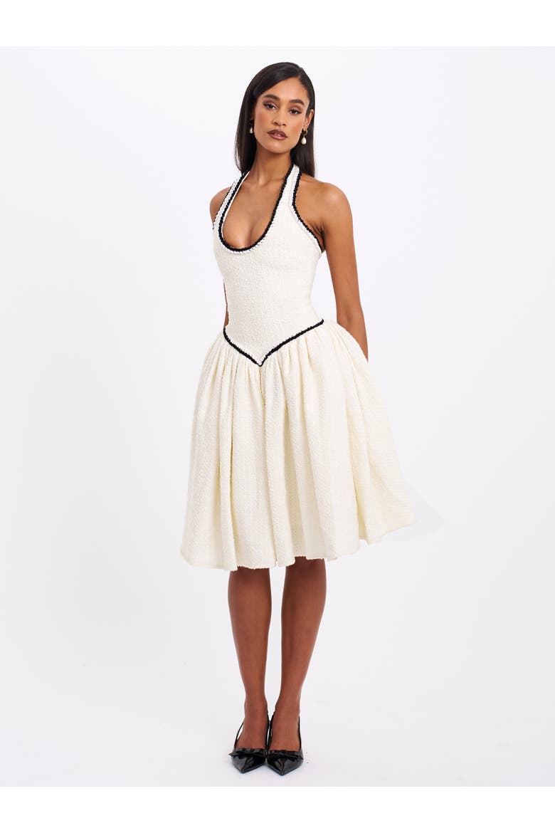 Natalie U Neck Halter Drop Waist Tweed Midi Dress, Alternate, color, off white
