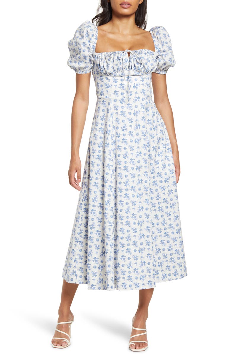 HOUSE OF CB Tallulah Puff Sleeve Midi Dress, Main, color, Blue White Floral