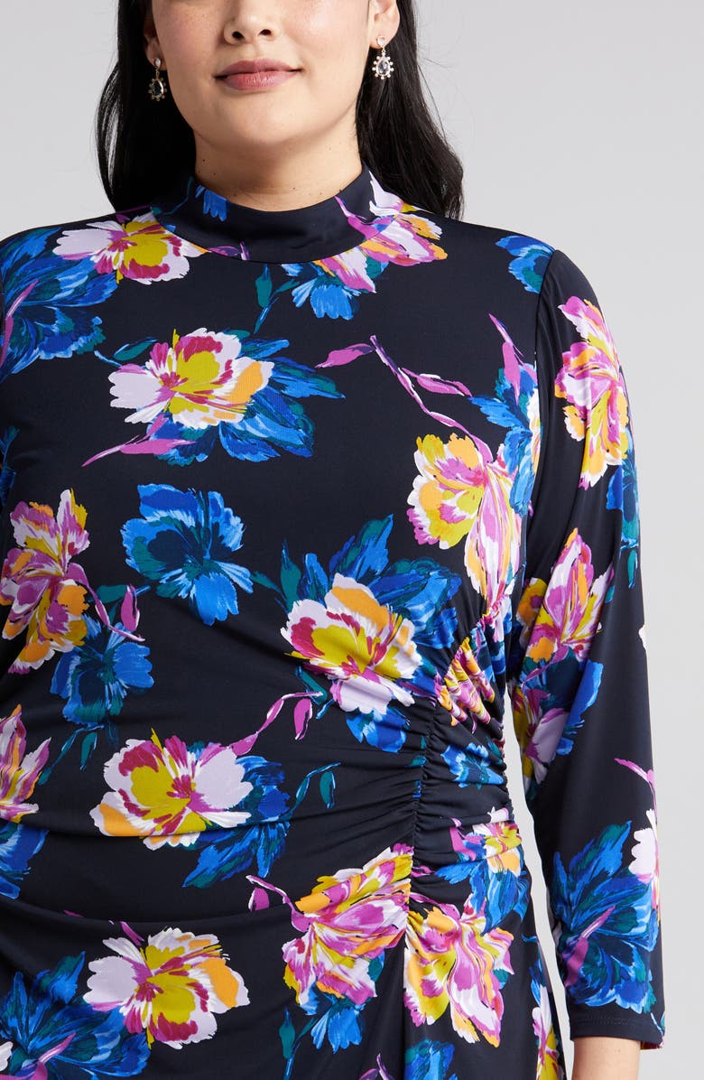 Maggy London Floral Print Ruched Mock Neck Long Sleeve Dress, Alternate, color,