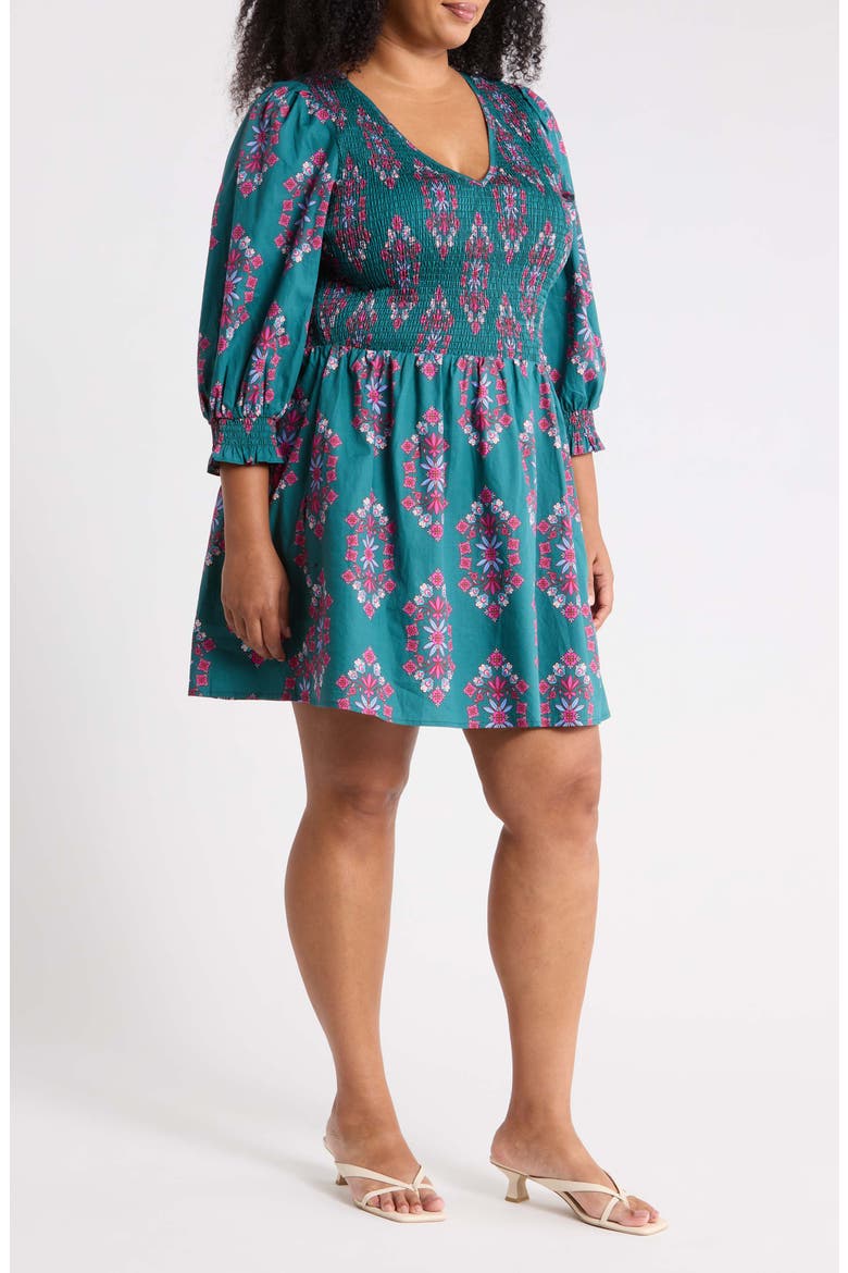 Isme Floral Smocked Cotton Fit & Flare Midi Dress, Alternate, color, TEAL-PINK