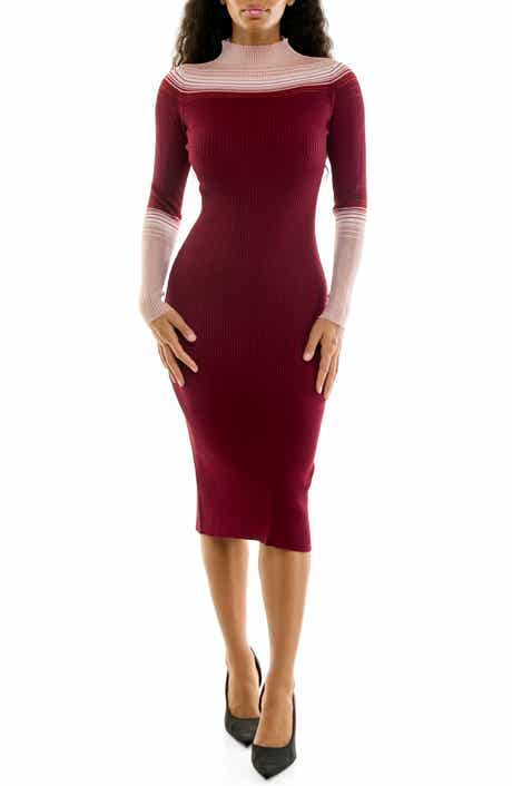 Mock Neck Ribbed Long Sleeve Midi Dress