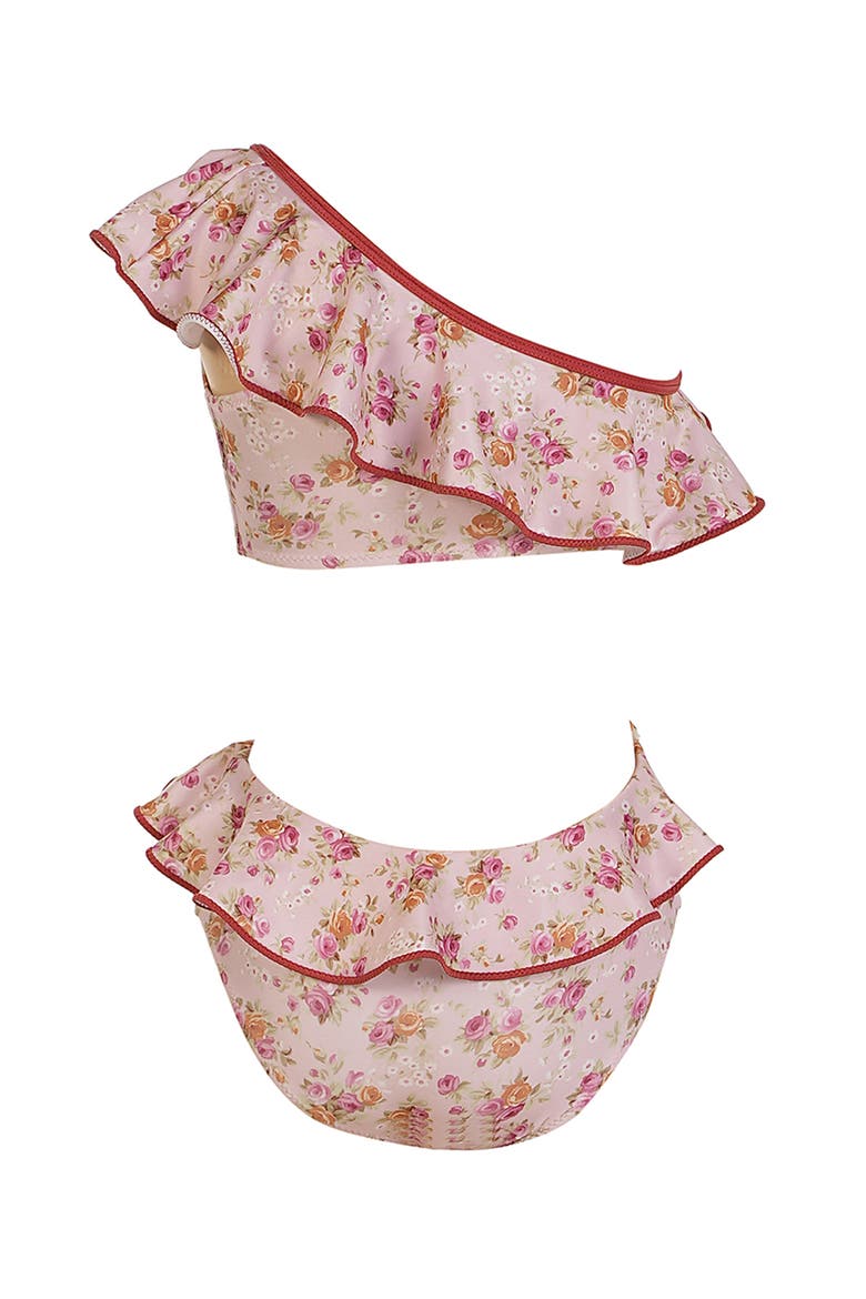 One-Shoulder Floral Ruffled with Side Cutout and Ring Detail, Alternate, color, Burgundy
