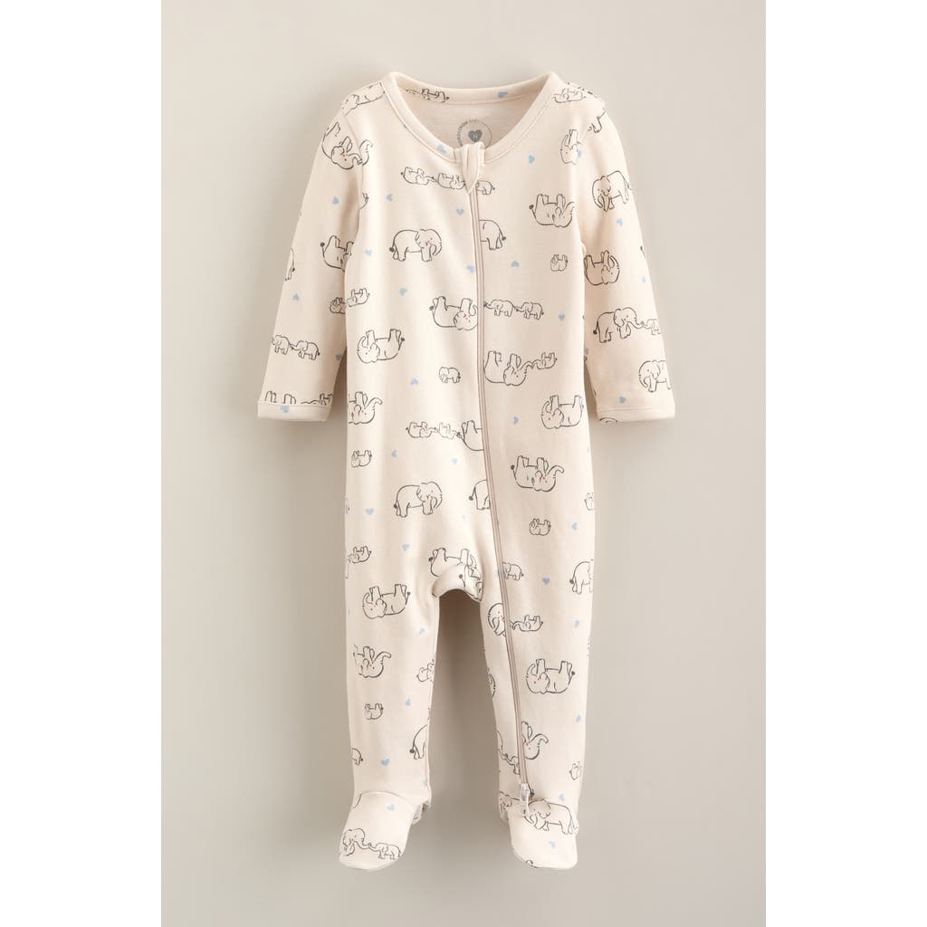 Nordstrom Babies' Two-way Zip Printed Cotton Footie In Ivory Sand Elephants