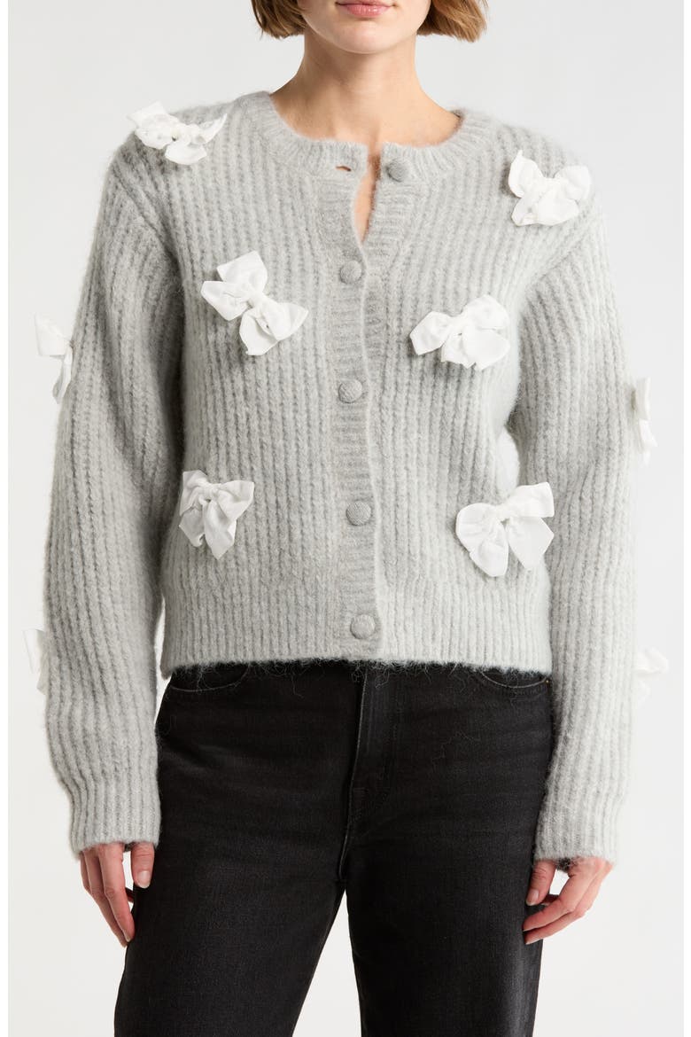 Bow Appliqué Cardigan, Main, color, HEATHER GREY IVORY
