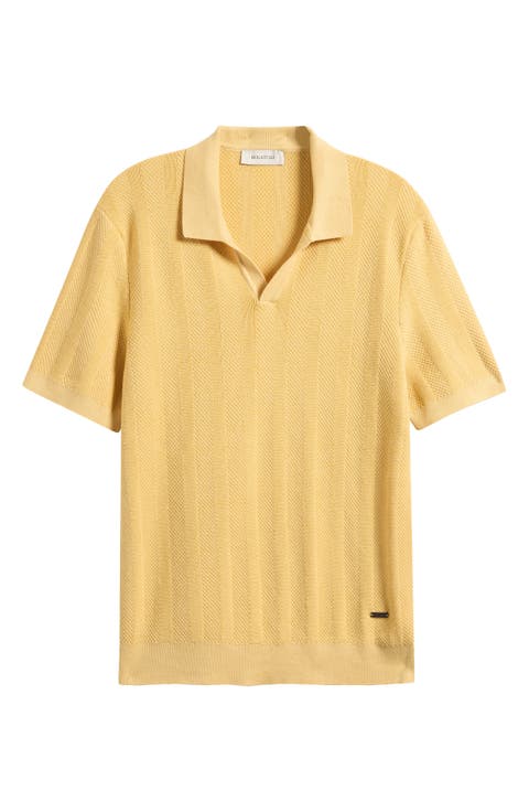 Johnny Collar Basket Stitch Cotton Blend Short Sleeve Sweater