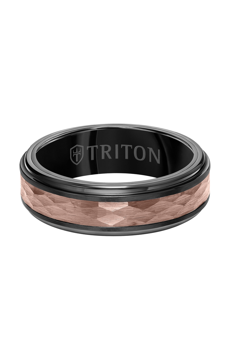 7MM Espresso Tungsten Carbide Ring with Hammered Center and Step Edge, Alternate, color, Brown