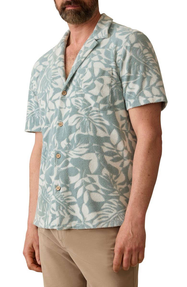Faherty Cabana Floral Short Sleeve Terry Cloth Button-Up Shirt, Main, color, Poolside Foliage Teal