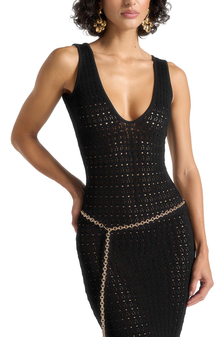 Myriam Pointelle Plunge Midaxi Dress With Chain, Alternate, color, Black