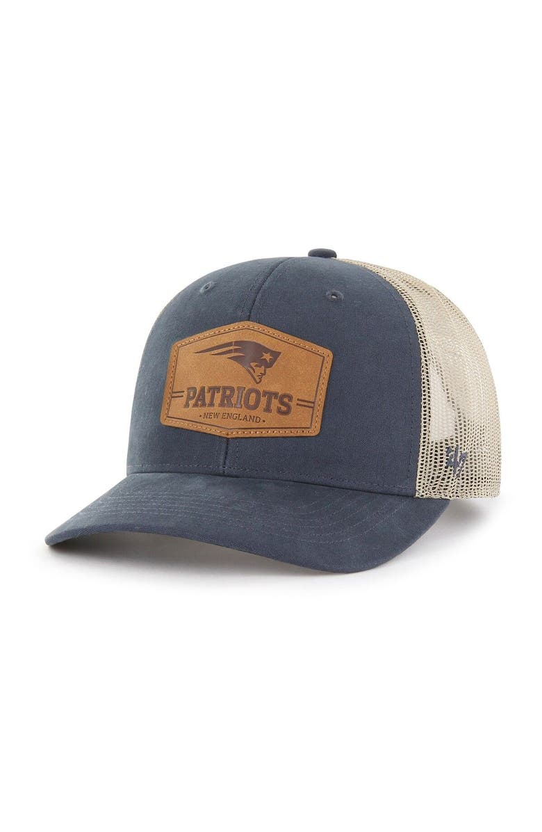 '47 Men's '47 Navy/Natural New England Patriots Rawhide Trucker Adjustable Hat, Main, color, 
