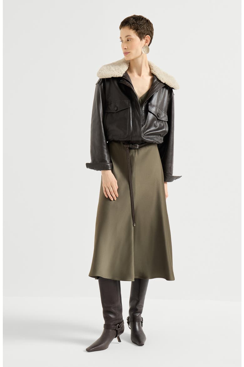 Satin cady flared dress with monili, Alternate, color, Origano