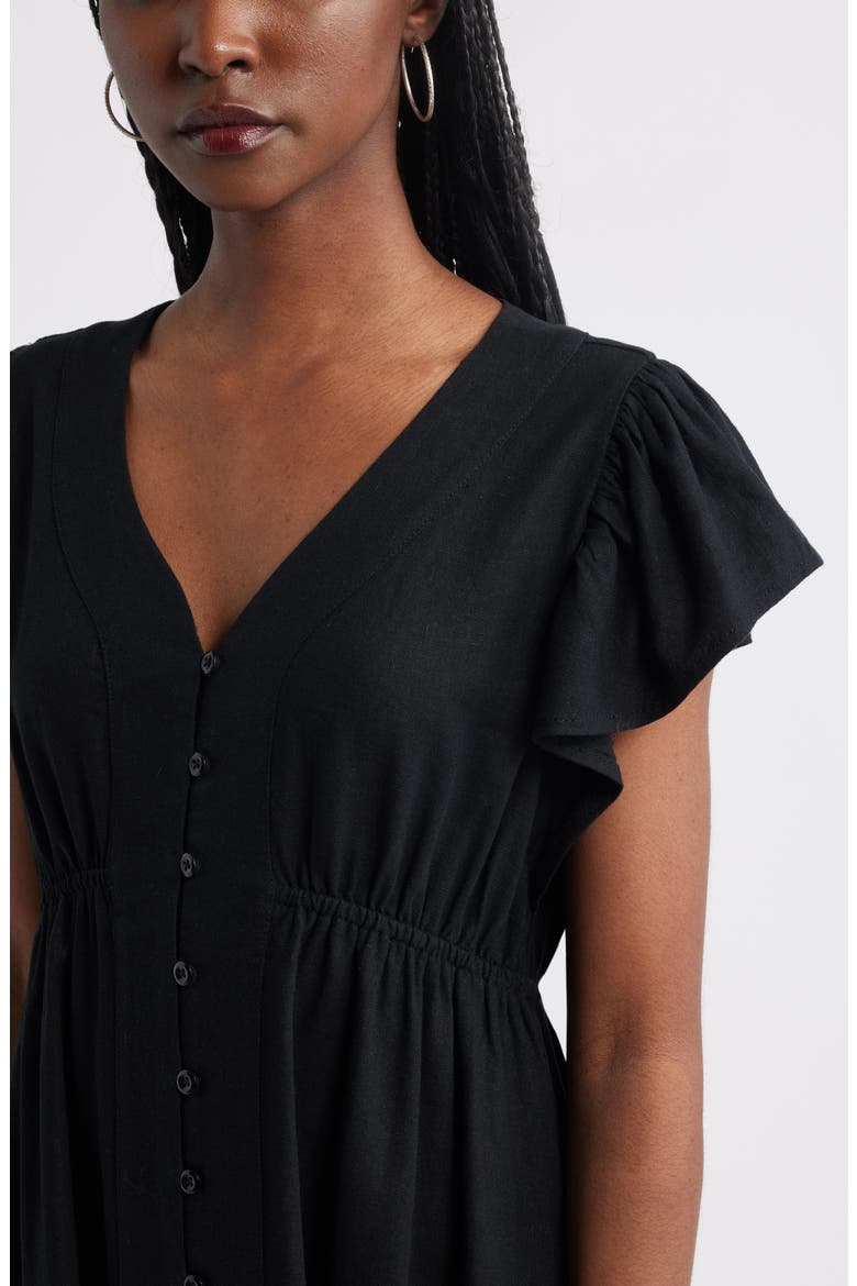 Short Sleeve Button Down Linen Blend Midi Dress, Alternate, color, BLACK