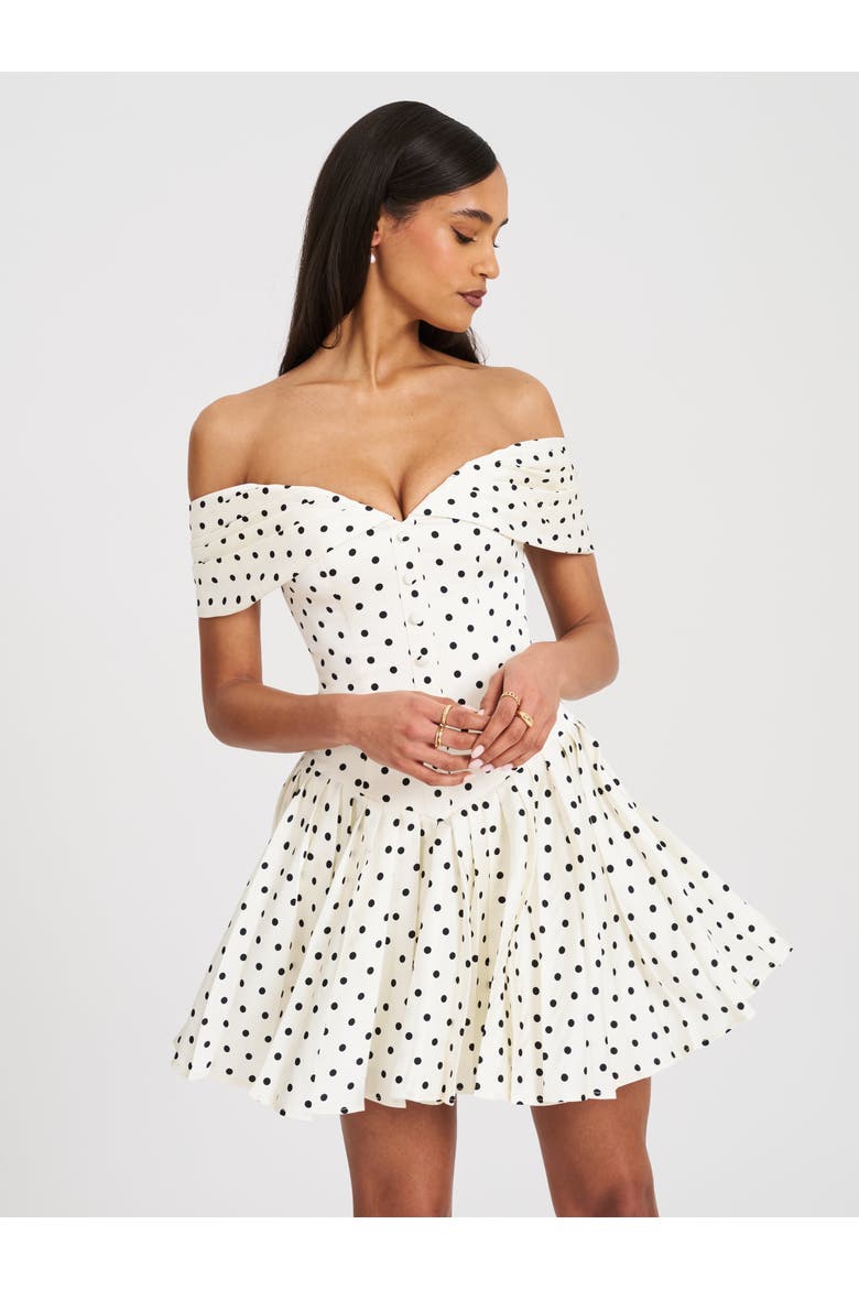 Edeline Polka Dot Off-shoulder Pleated Mini Dress, Alternate, color, White
