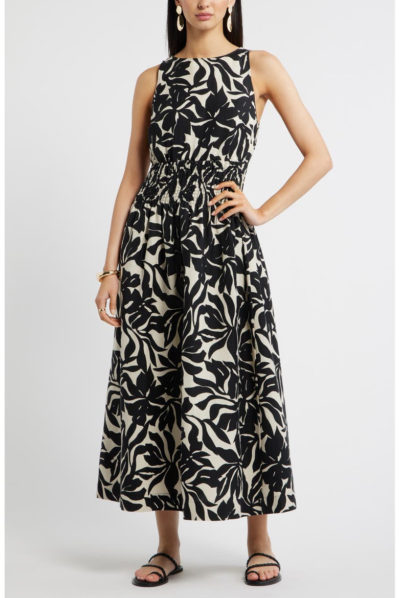 Smocked Waist Linen Blend Dress, Main, color, BEIGE- BLACK FIRA BLOOM