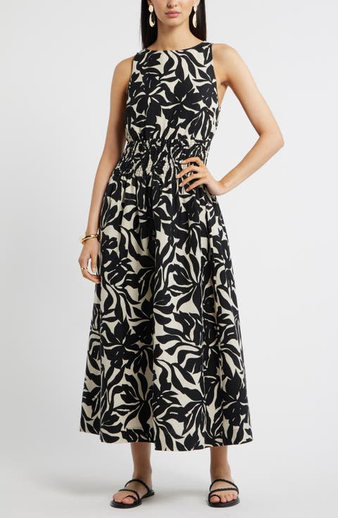 Smocked Waist Linen Blend Dress