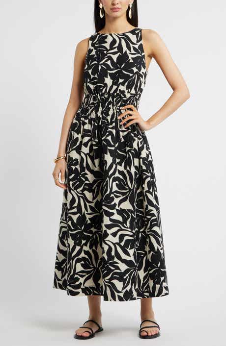 Smocked Waist Linen Blend Dress