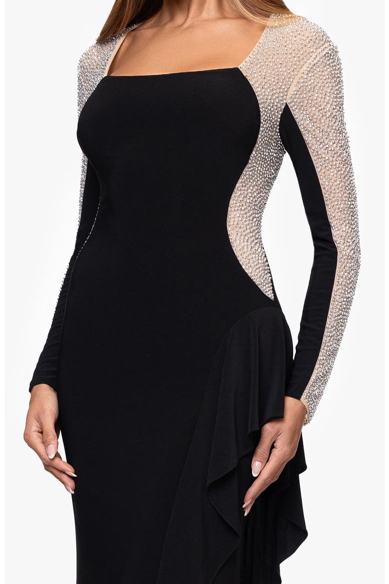 Beaded Long Sleeve Mermaid Gown, Alternate, color, BLACK/ BEIGE/ SILVER