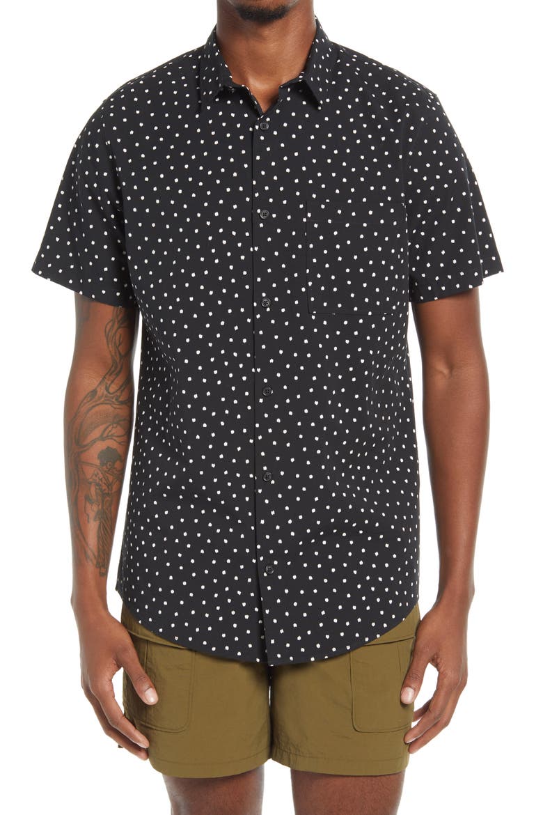 Sketch Dot Short Sleeve Stretch Organic Cotton Button-Up Shirt, Main, color, BLACK SECRET SKETCH DOT