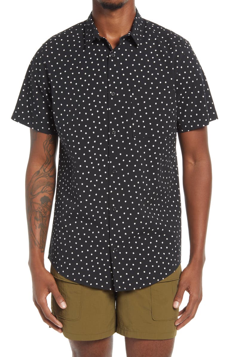 BP. Sketch Dot Short Sleeve Stretch Organic Cotton Button-Up Shirt, Main, color, 