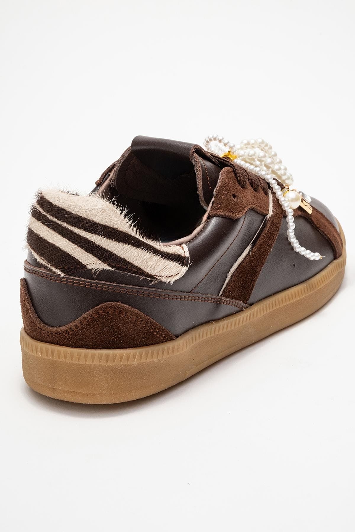 Taren Leather Pearl Buckle Sneakers, Alternate, color, Brown Leather