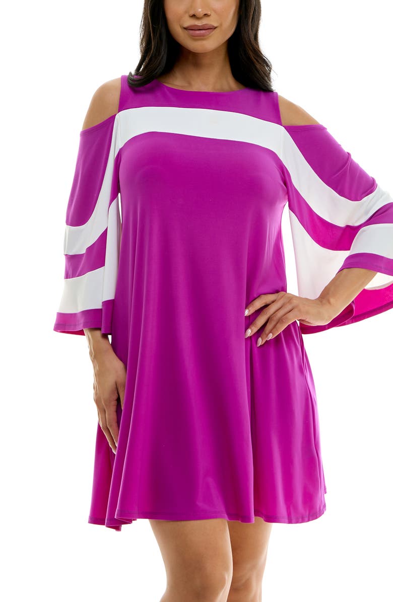 Nina Leonard Ity Stripe Cold Shoulder Dress, Alternate, color, Vibrant Violet/Ivory