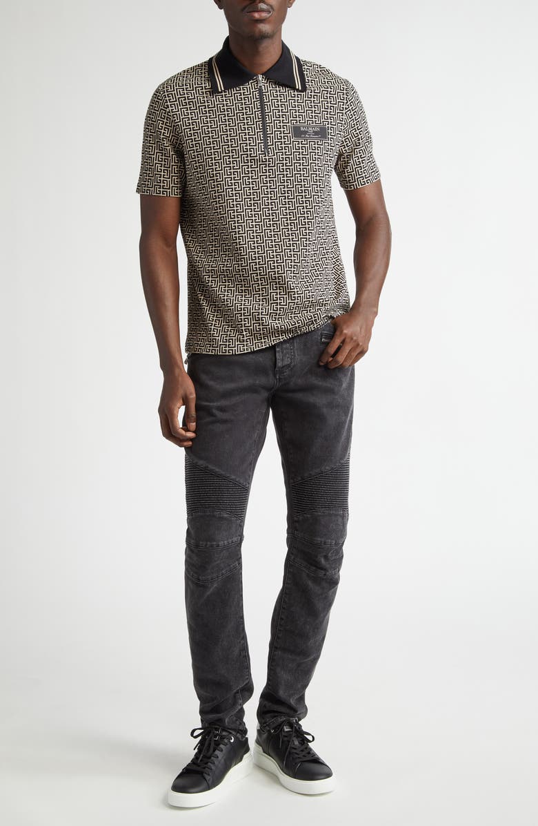 Balmain Monogram Jacquard Zip Polo, Alternate, color, 
