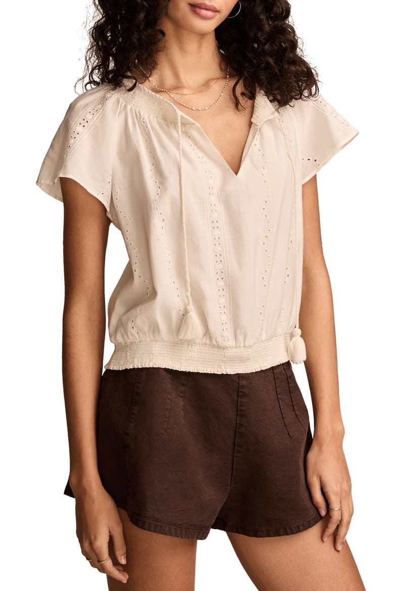 Embroidered Eyelet Short Sleeve Smocked Hem Top, Alternate, color, TOFU