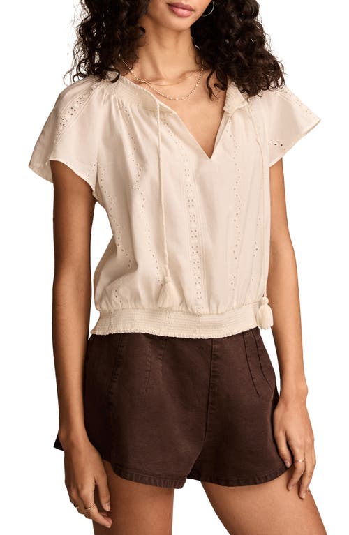 Shop Lucky Brand Embroidered Eyelet Short Sleeve Smocked Hem Top In Tofu