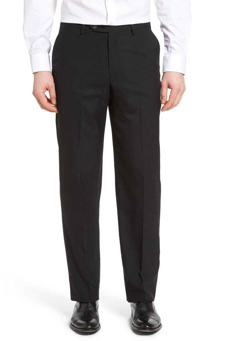 Lightweight Plain Weave Flat Front Classic Fit Trousers, Main, color, BLACK