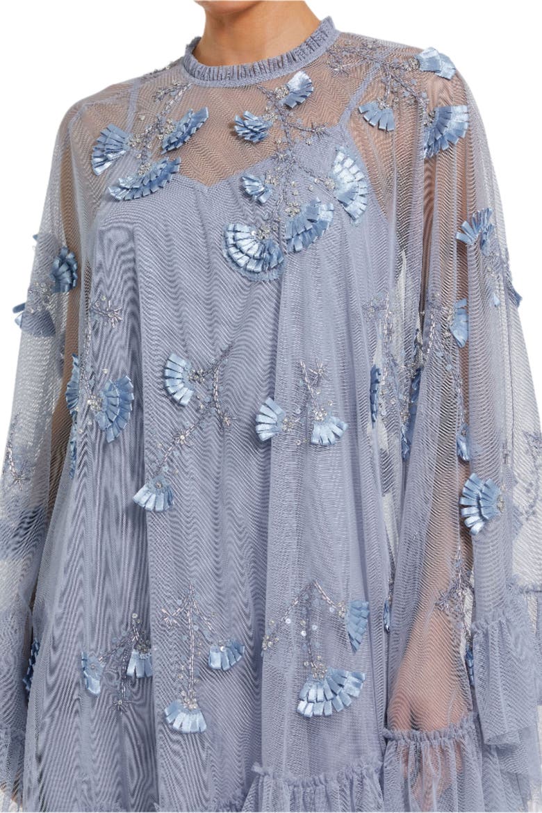 Embellished Long Sleeve Trapeze Dress with Ruffle Hem, Alternate, color, Powder Blue
