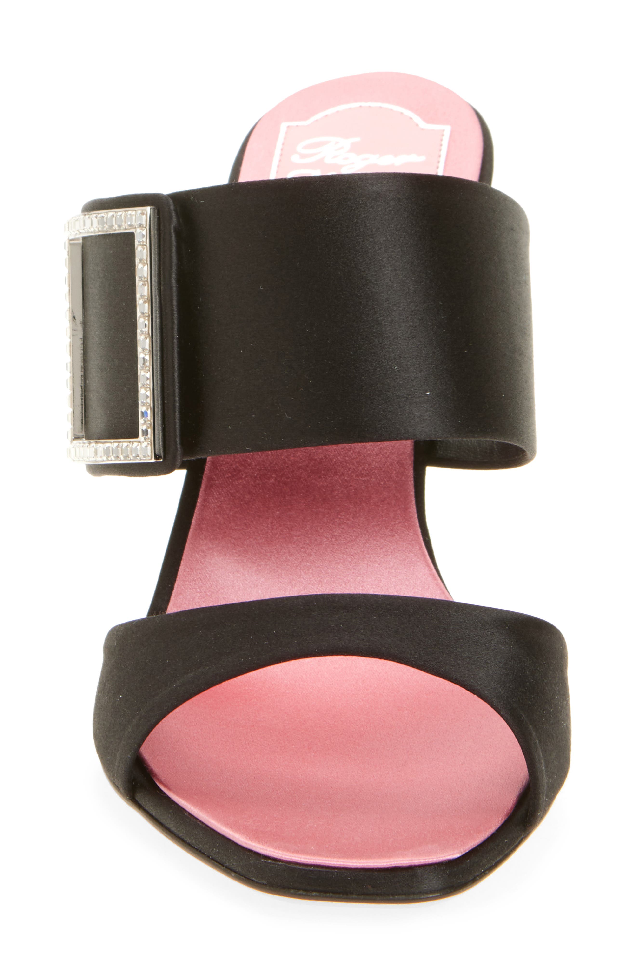Roger Vivier Trompette Crystal Buckle Satin Sandal, Alternate, color, Nero