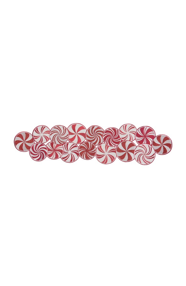C&F Home Peppermint Shaped Applique Cut Out Christmas Table Runner 13" x 51", Main, color, Red