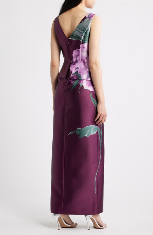 Kay Unger Luciana Placed Floral Column Gown In Purple