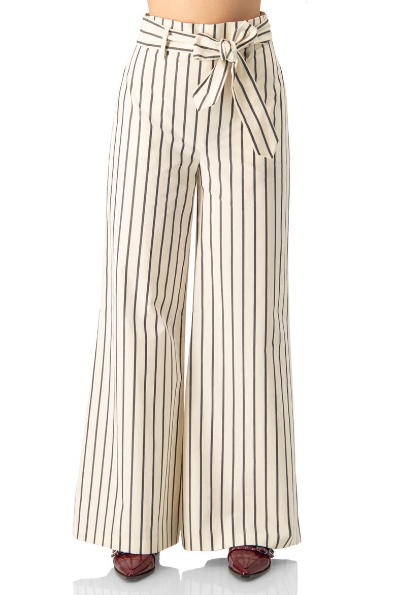 Striped Bow-Belted Wide-Leg Trousers, Main, color, Natural