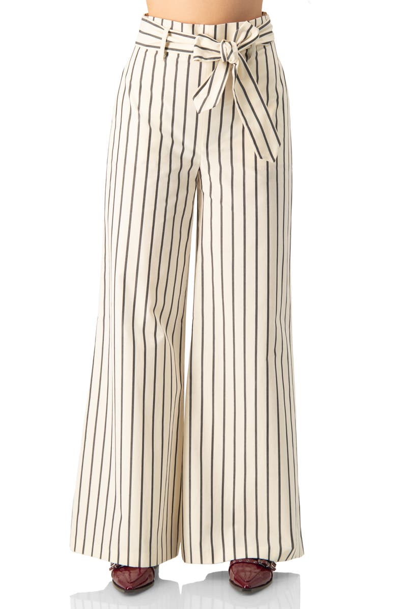 IVONNE Striped Bow-Belted Wide-Leg Trousers, Main, color, Natural