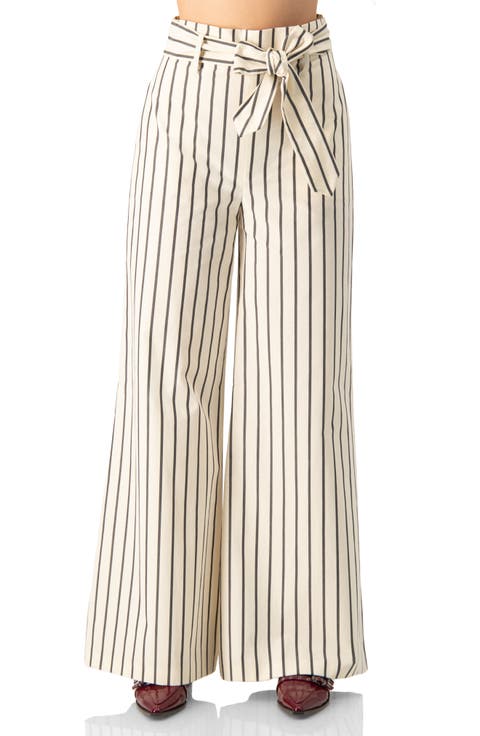 Striped Bow-Belted Wide-Leg Trousers