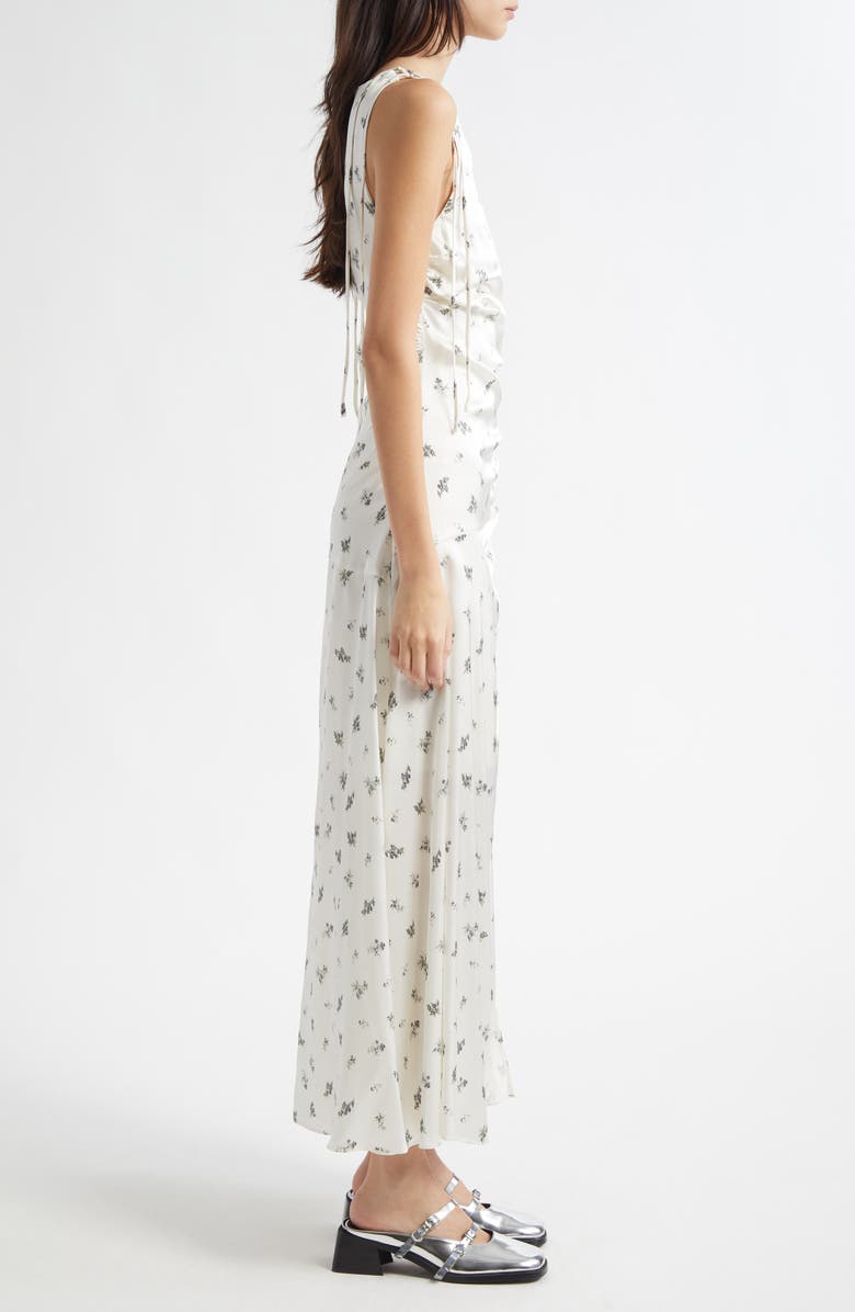 Ganni Printed Ruched Satin Maxi Dress, Alternate, color, Egret