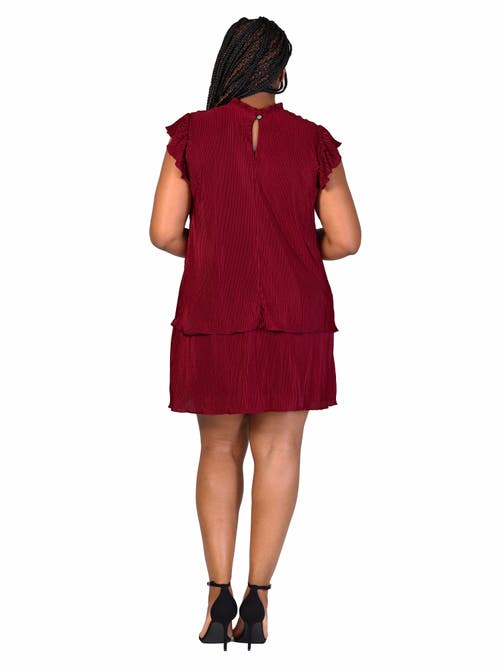 24seven Comfort Apparel Ruffle Cap Sleeve High Neck Pleated Tiered Mini Dress In Red
