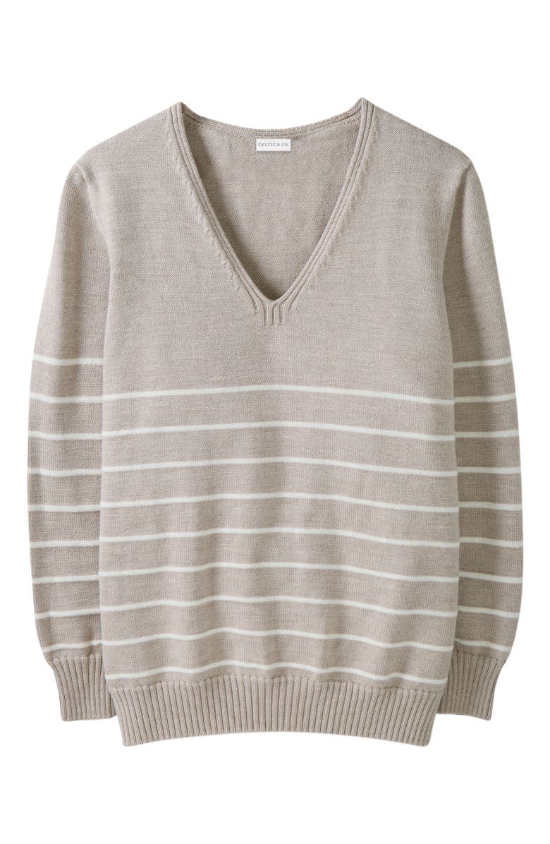 Celtic & Co. Merino V-Neck Sweater, Alternate, color, Oatmeal Ecru Stripe