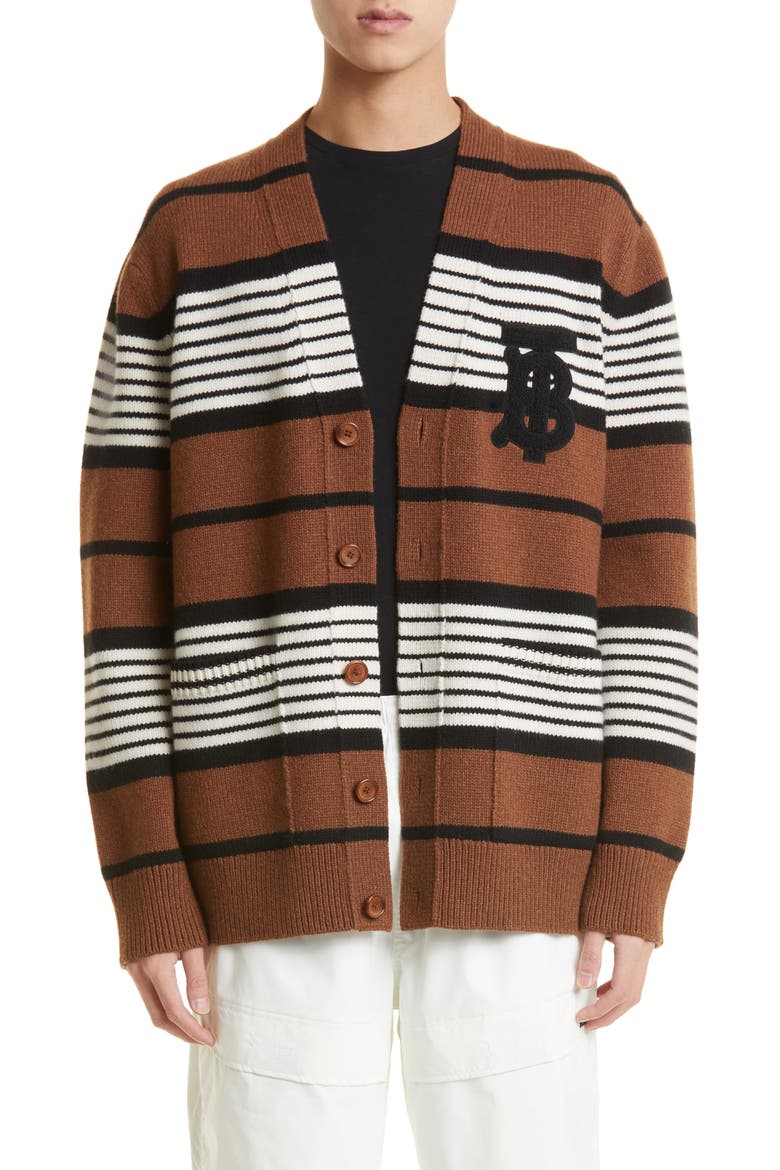 Icon Stripe Monogram Logo Patch Wool & Cashmere Cardigan, Main, color, DARK BIRCH BROWN