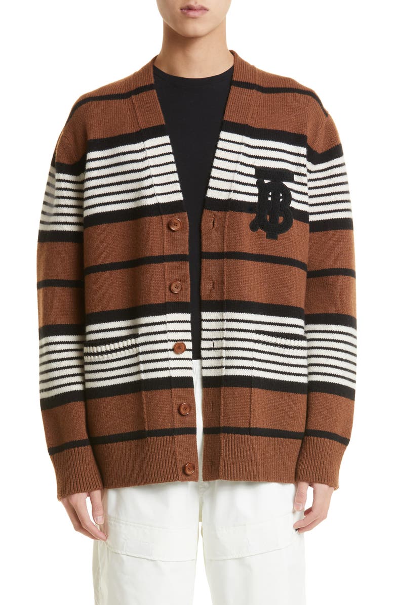 Burberry Icon Stripe Monogram Logo Patch Wool & Cashmere Cardigan, Main, color, 