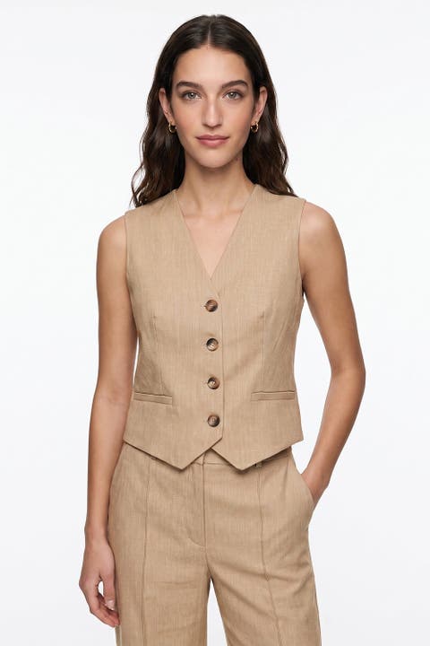 Linen Blend Vest With Back Buckle