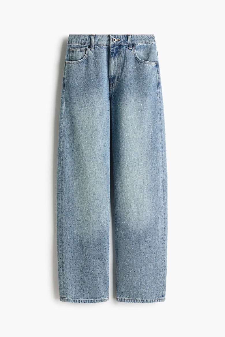 Rhinestone-Detail High-Waist Jeans, Alternate, color, Light denim blue