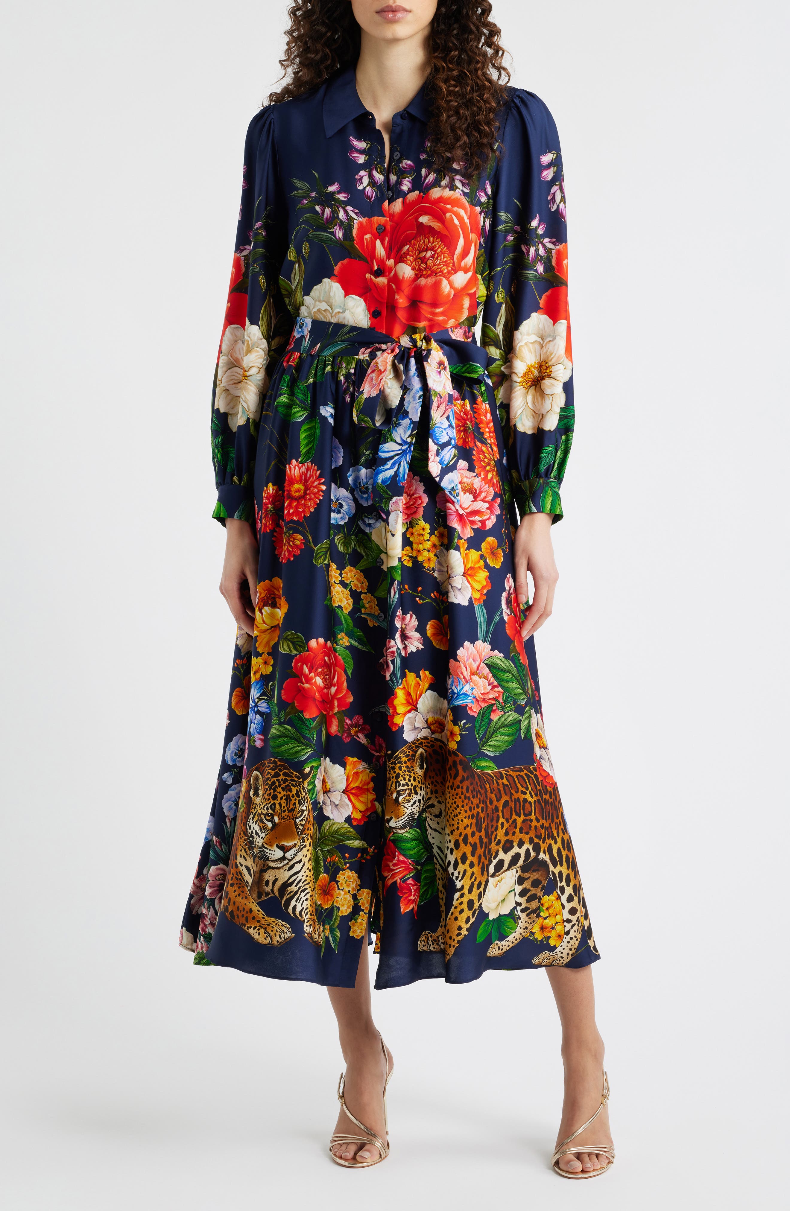 Elie Tahari The Melina Sahara Desert Print Long Sleeve Stretch Silk Shirtdress
