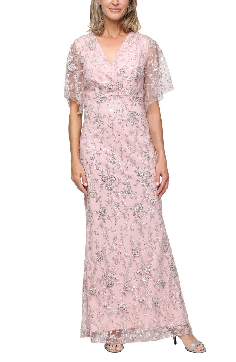 SL FASHIONS Beaded Surplice Neck Gown, Main, color, Blush