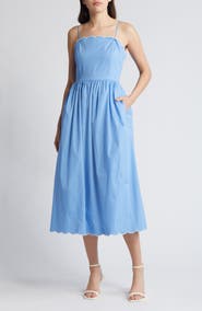 Charles Henry Scallop Stretch Poplin Midi Sundress