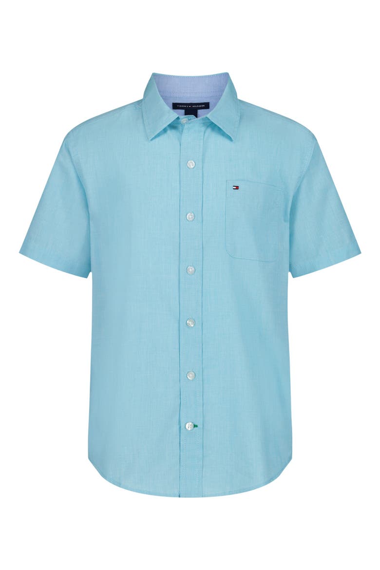 Kids' End on End Stripe Short Sleeve Button-Up Shirt, Main, color, SCUBA BLUE