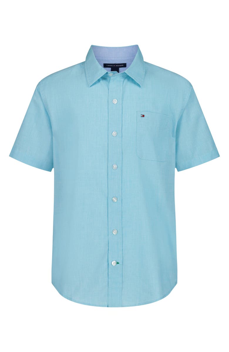 Tommy Hilfiger Kids' End on End Stripe Short Sleeve Button-Up Shirt, Main, color, Scuba Blue