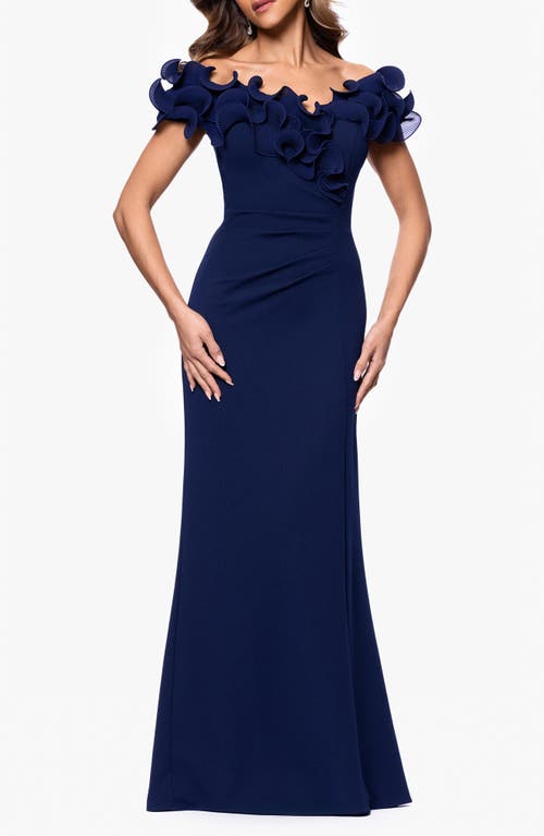 Xscape Evenings Lace Detail Off The Shoulder Sheath Gown In Navy